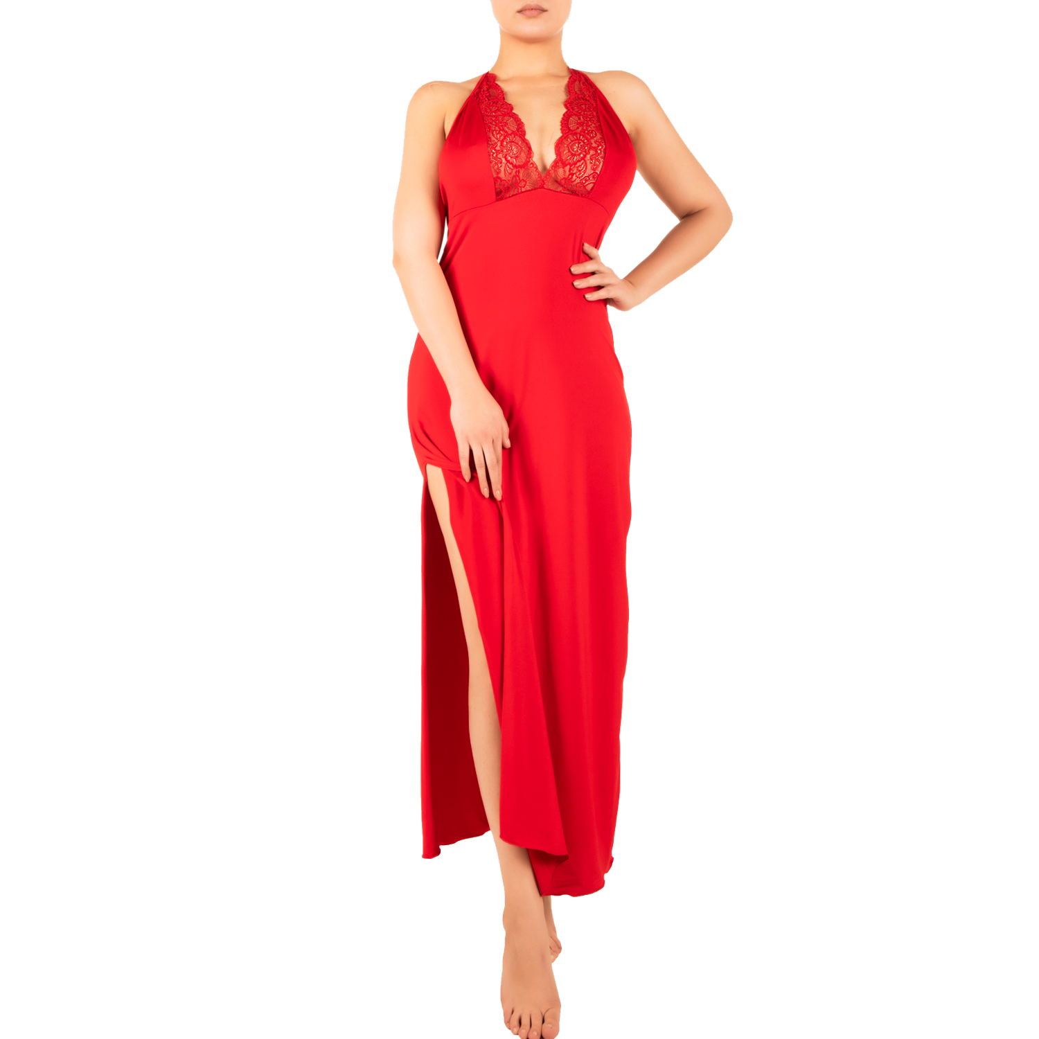 Nuisette rouge en velours fendue avec dentelle noire fleurie - Mille et