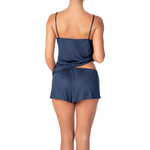 dos dun ensemble de nuit caraco et short bleu avec dentelle