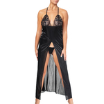 nuisette longue en satin noir avec dentelle