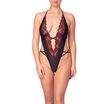 Photo dun body noir avec dentelle bicolore rouge et noir