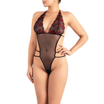body avec un tulle transparent noir et une dentelle bicolore rouge et noire
