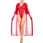 long déshabillé transparent rouge avec un body en dentelle rouge
