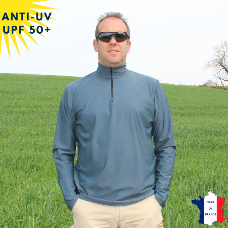 T-shirt anti-UV Homme - Col zippé - Anthracite | UPF50+