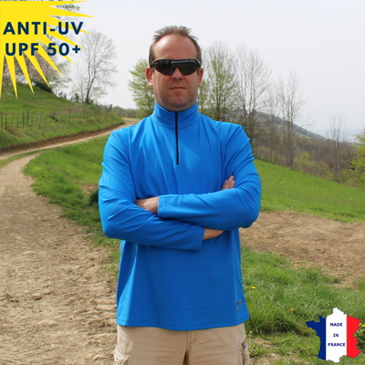 T-shirt anti-UV Homme - Col zippé - Bleu | UPF50+