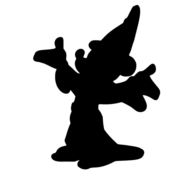 Silhouette noire de Mickey magicien sur fond blanc