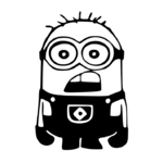 Visuel noir et blanc d'un Minion avec lunettes et salopette