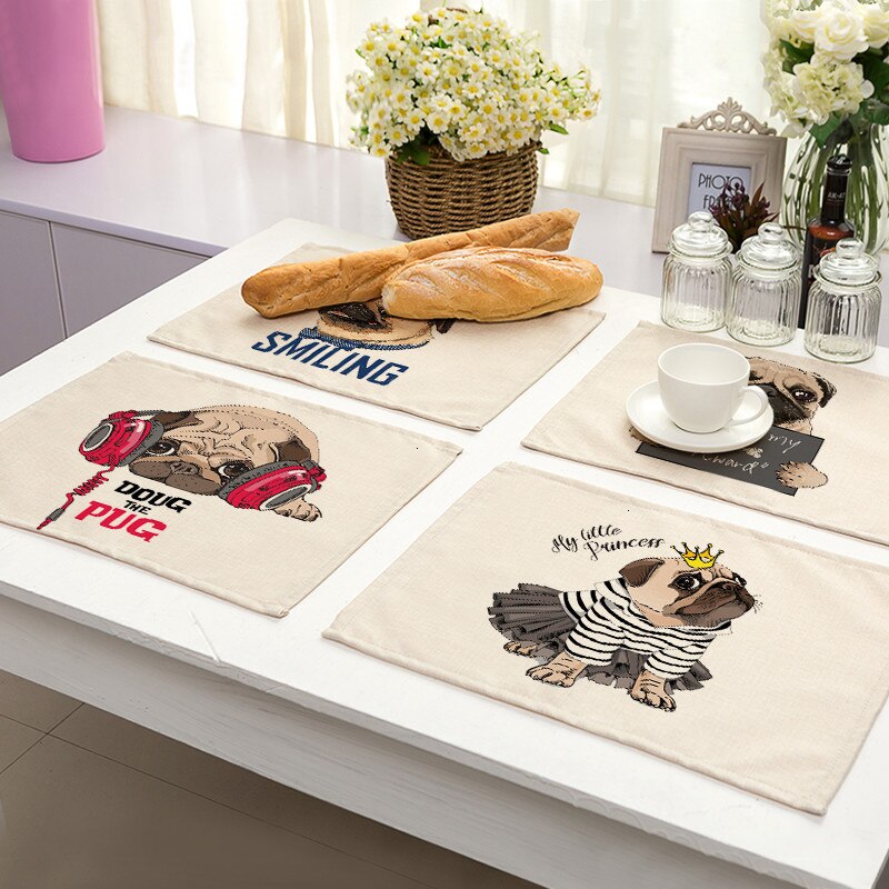 Set-de-table-animaux-Set-de-table-en-tissu-motif-chien-Dessous-table-coton-imprime-chien-Set-de-table-bouledogue-francais