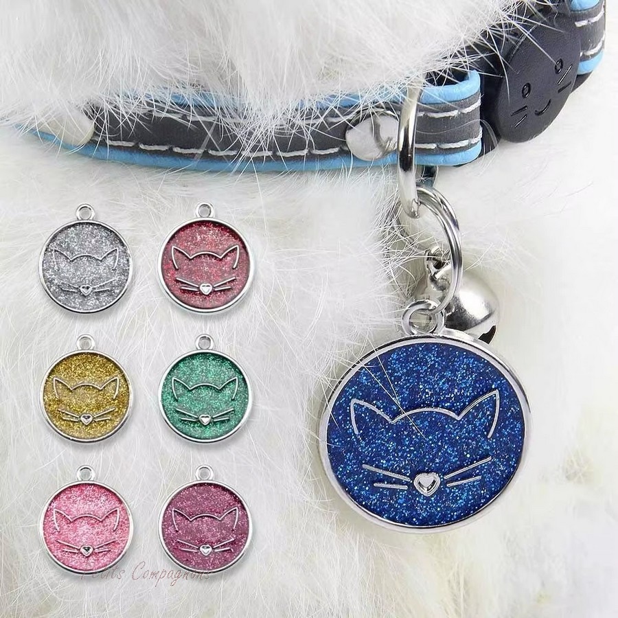 Medaille-pailletee-pour-chat-gravee-Porte-cles-chat-chic-personnalisable-Medaille-identification-chat-personnalisee