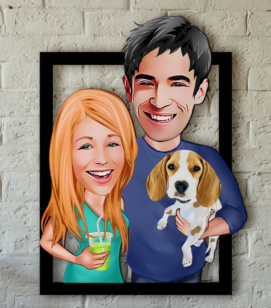 Caricature personnalisée sur bois - Couple & Chien