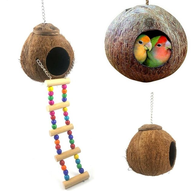 Nid D'oiseau Suspendu En Coque De Noix De Coco - Diamètre 14-16 Cm - Pour Perroquets, Conures, Hamster - Installation Facile