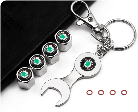 Bouchons de valve de couverture d\'air logo Skoda (x4) + porte-clés