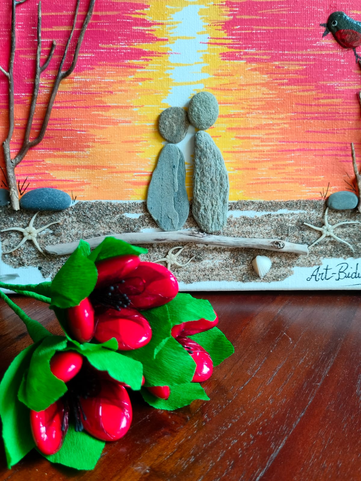 Bouquet Saint Valentin tulipes rouges dragées chocolats amour coucher de soleil
