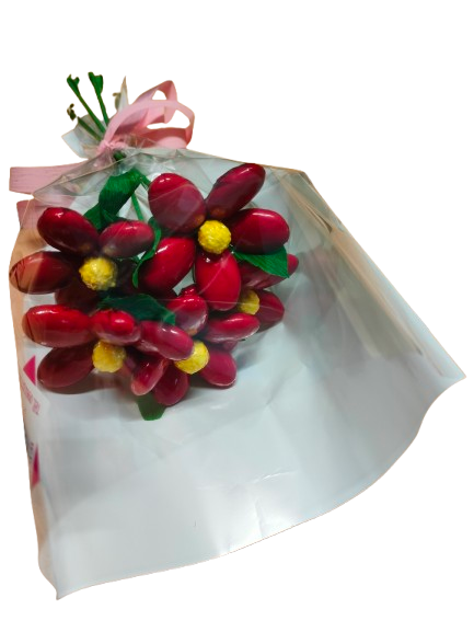 Bouquet Saint Valentin marguerites rouges dragées chocolat