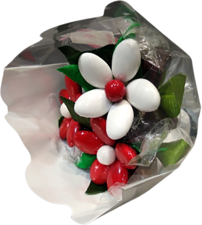 Bouquet Saint Valentin rouge et blanc dragées et chocolats