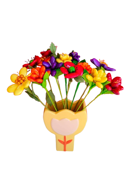 Vase tulipe jaune bouquet fleurs dragées chocolat