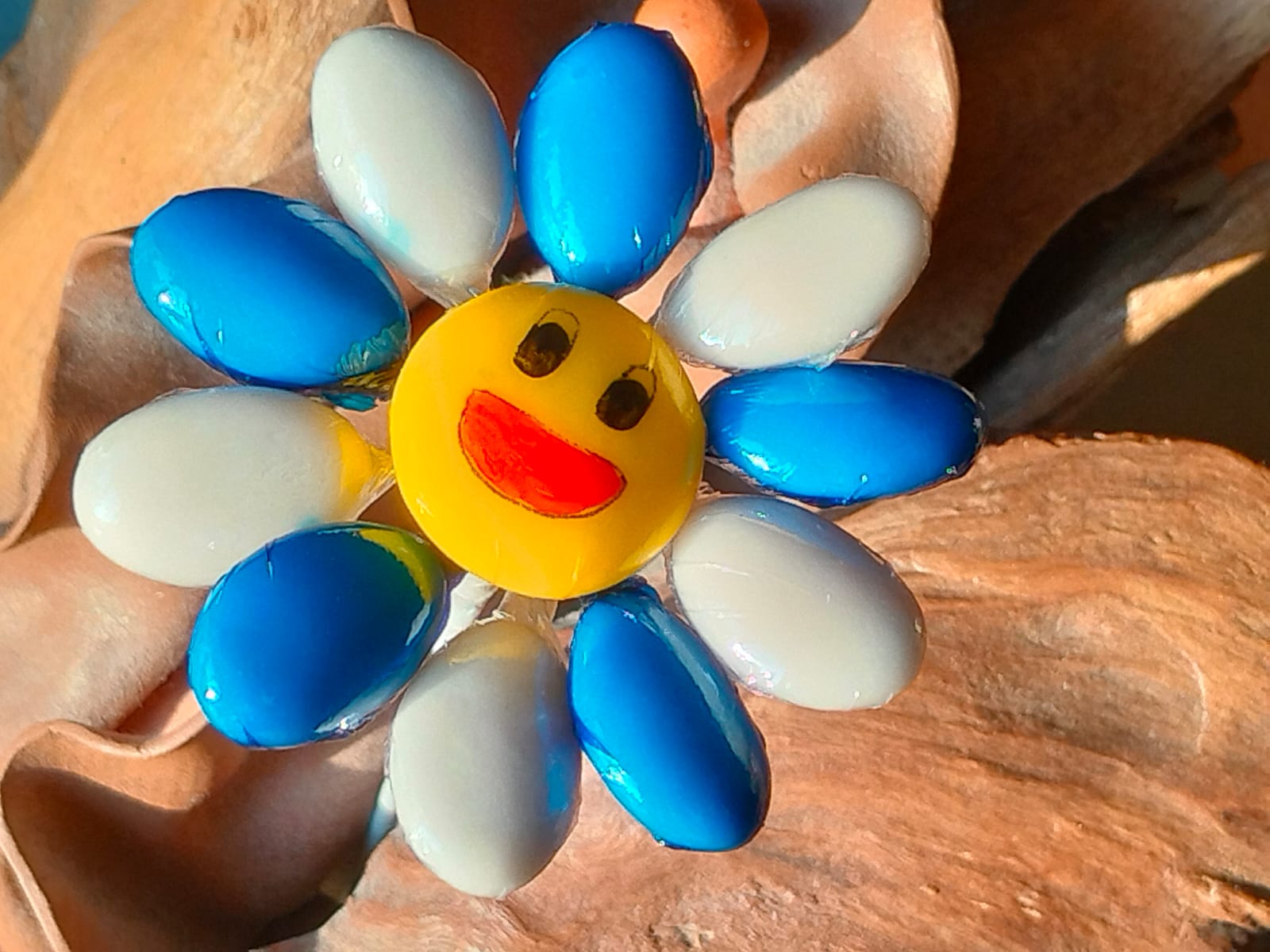 Fleur Smiley blanc et bleu dragées chocolat 5