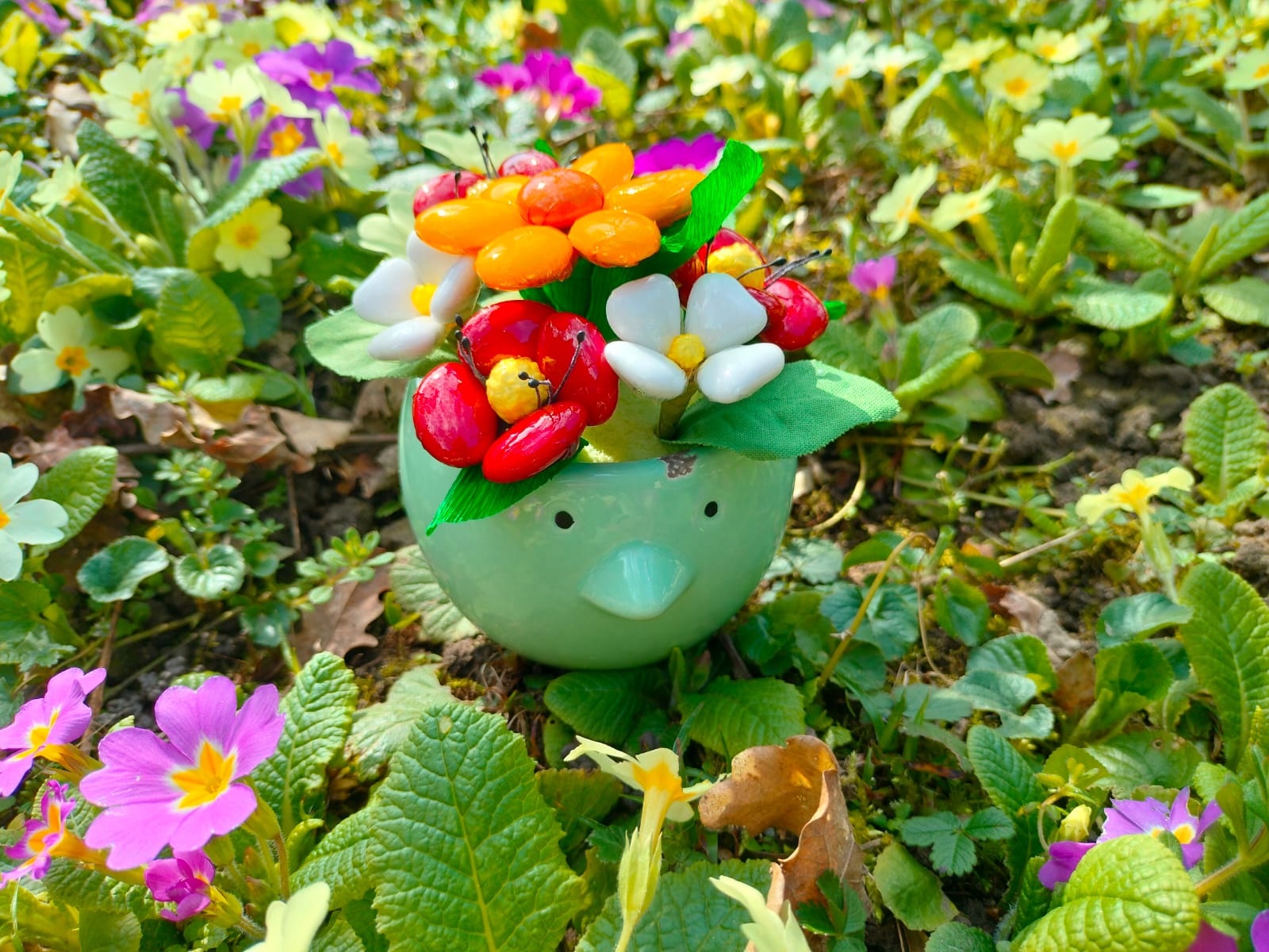 Vase oiseau fleurs dragées chocolat face