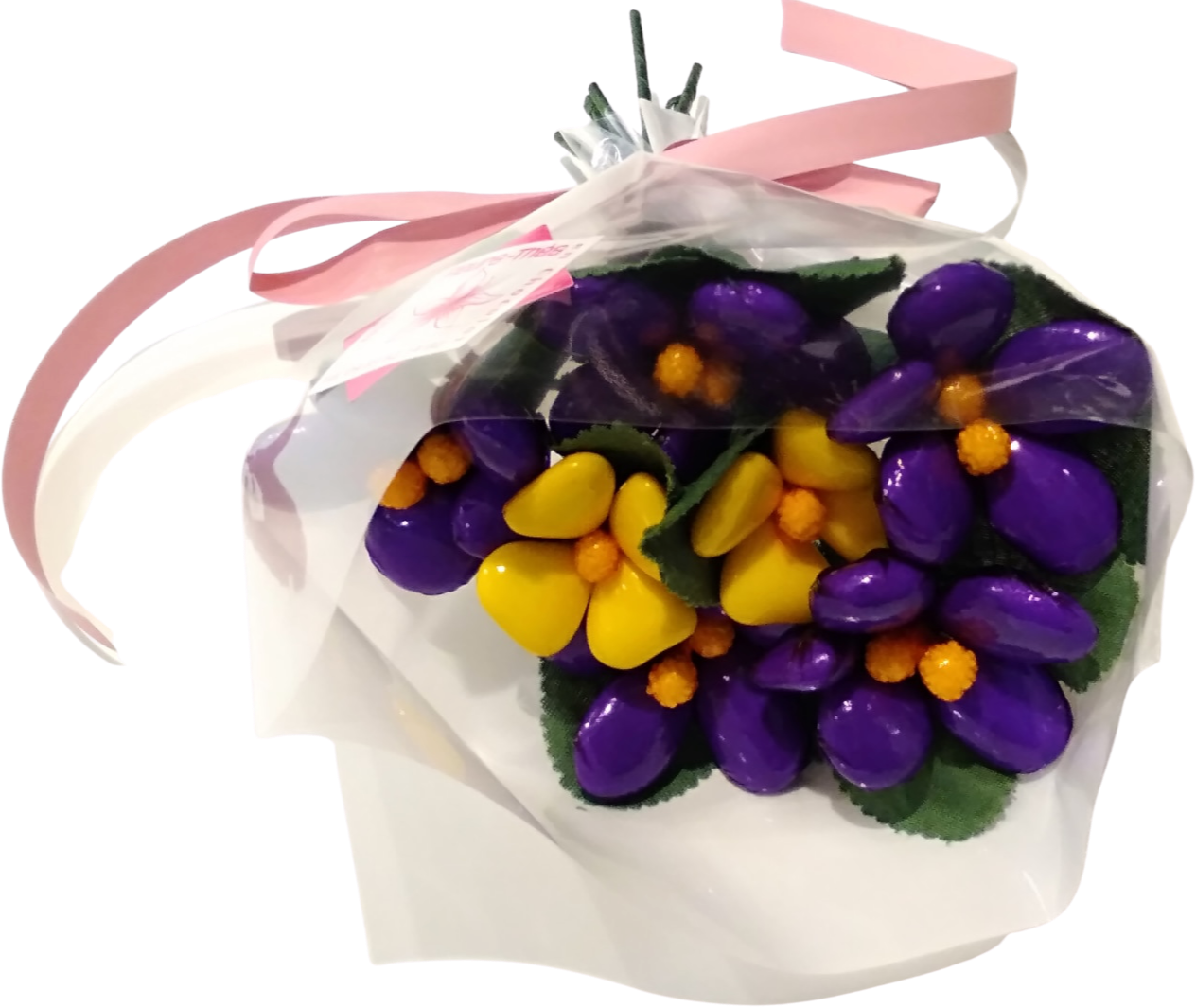 Mini bouquet violettes et primevères jaunes en dragées chocolat