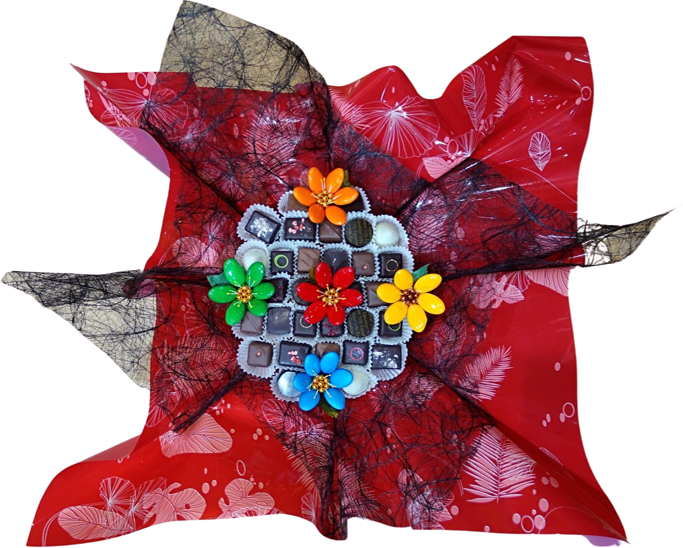 Bouquet festif chocolats et fleurs de dragées chocolat