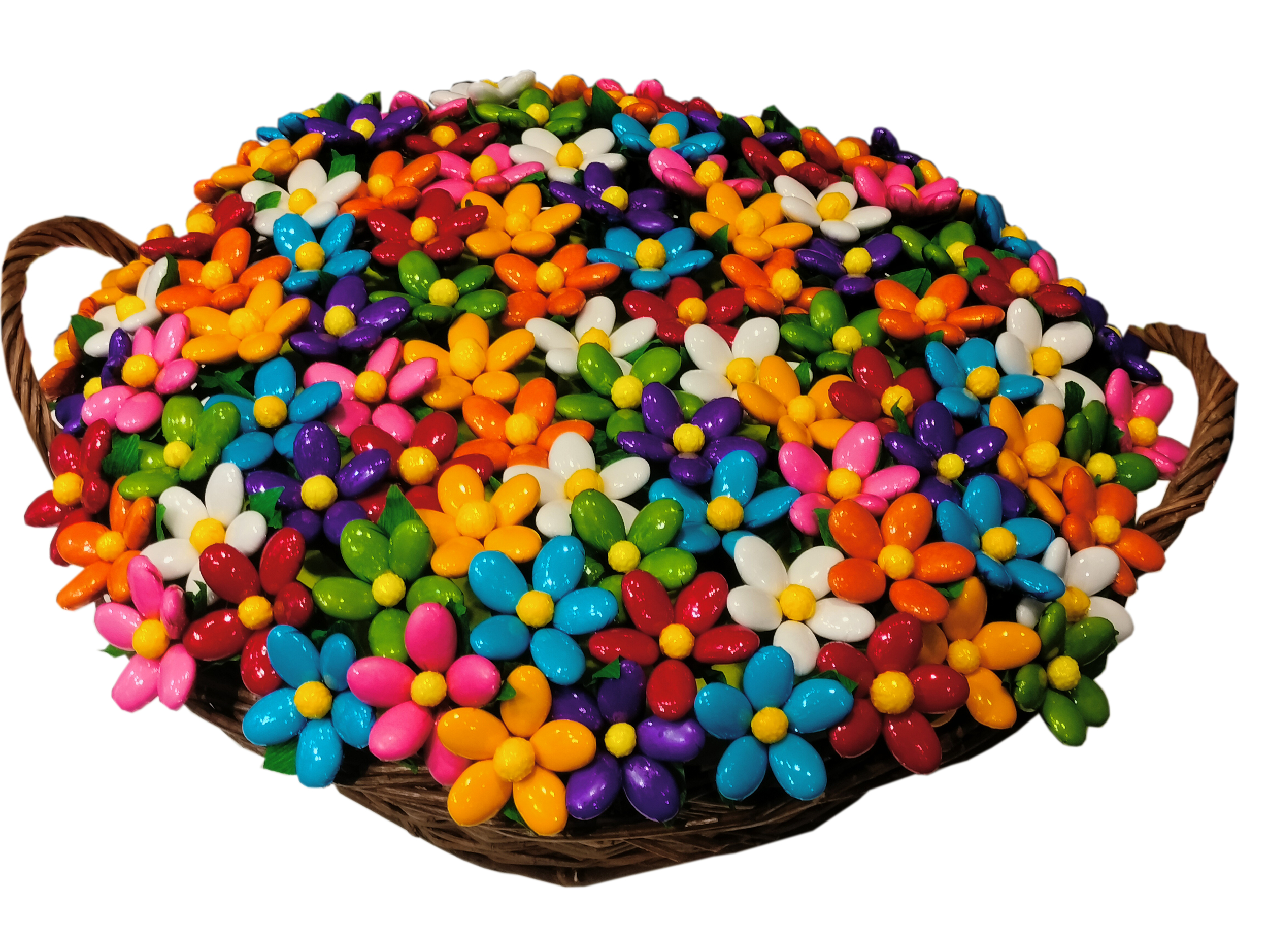 Corbeille 100 fleurs dragees chocolat multicolores mariage