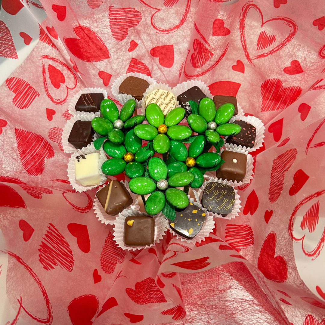 Bouquet coeur chocolat et dragées vert