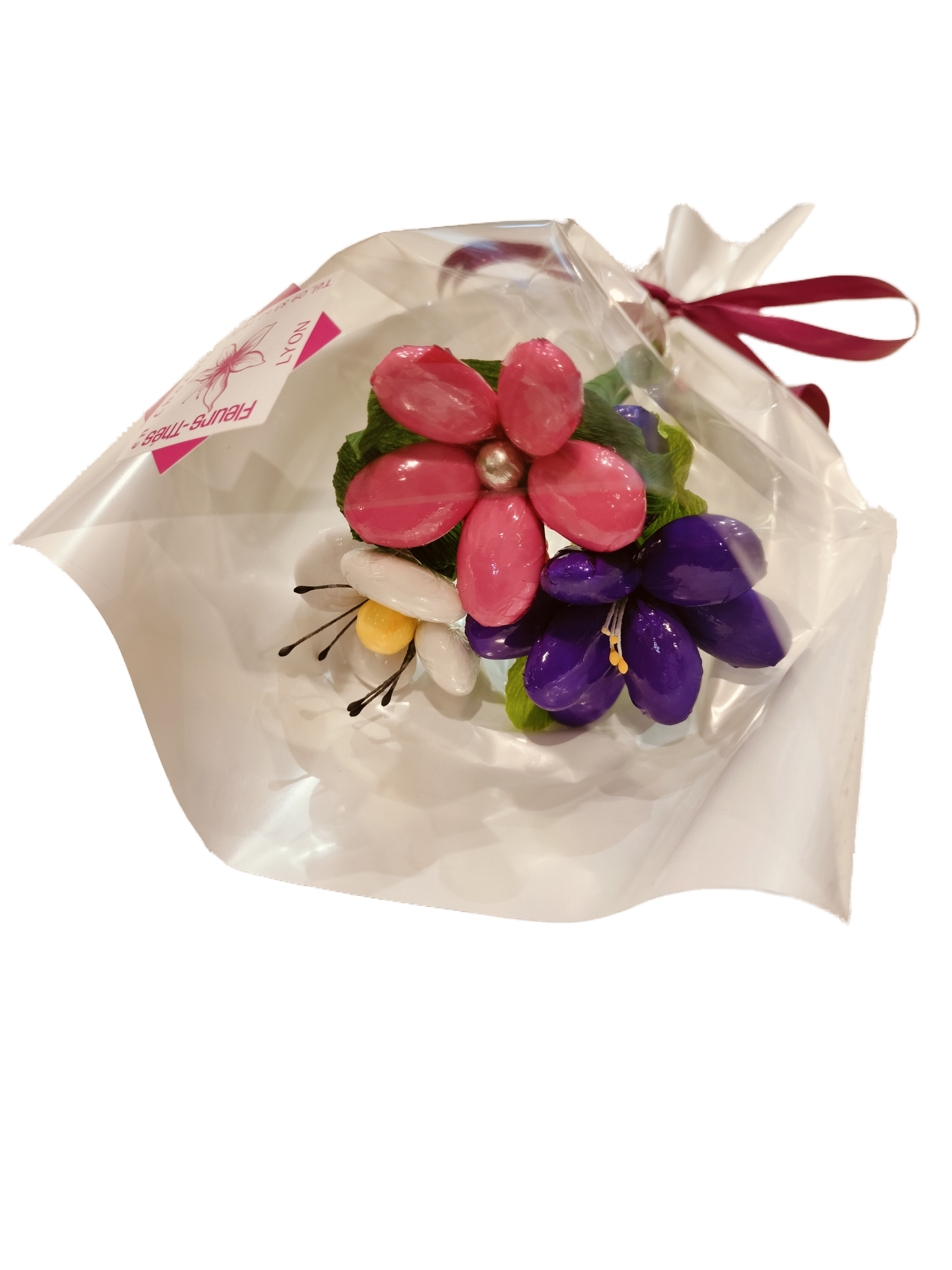 Bouquet marguerite frésia coquelicot dragées chocolat