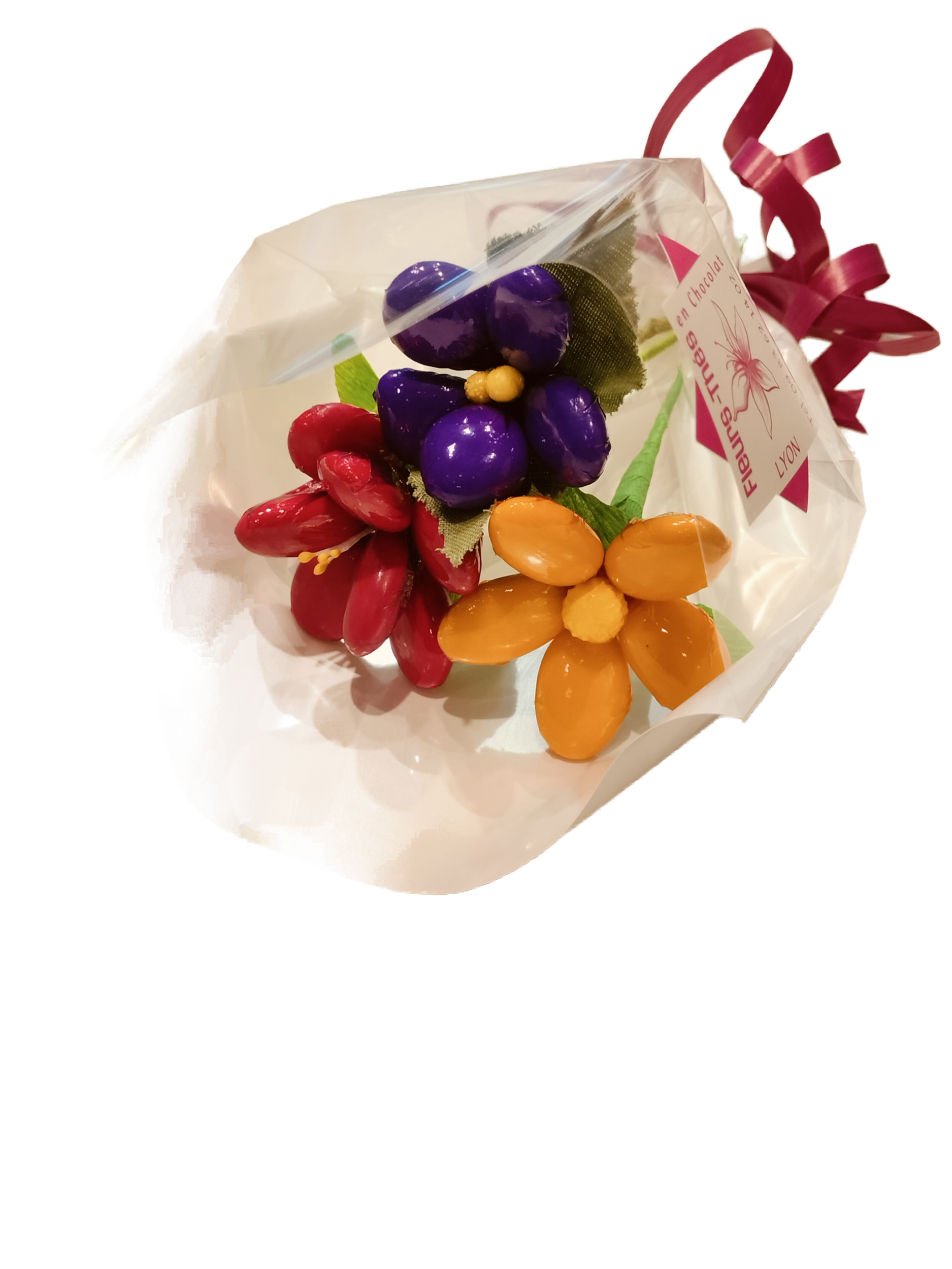 Bouquet frésia violette marguerite dragées chocolat