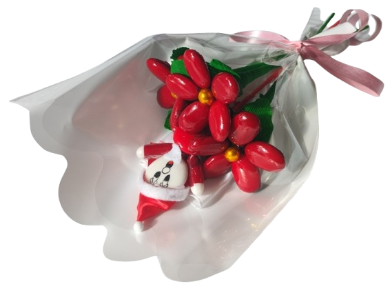 Mini bouquet Père Noël 3 marguerites rouges dragées chocolat 46g