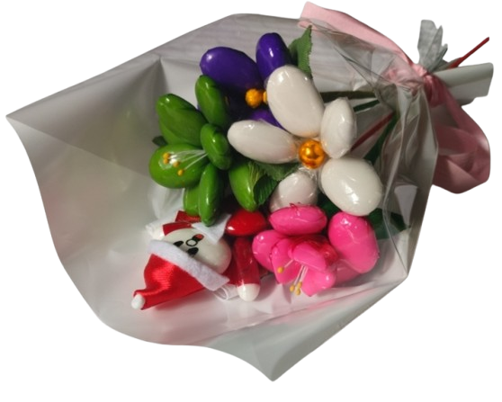 Mini bouquet Père Noël marguerite rose violette frésia dragées chocolat 62g
