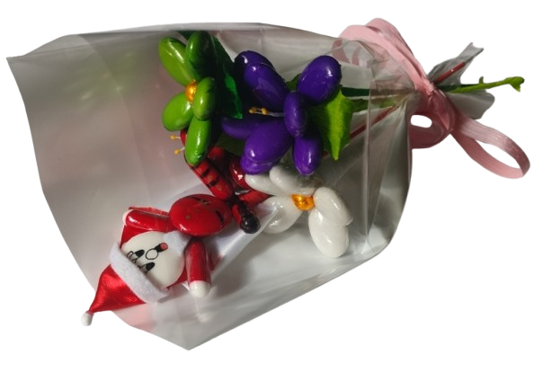 Mini bouquet Père Noël 2 marguerites 1 frésia dragées chocolat 42g