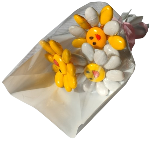 Mini bouquet 3 fleurs smiley  2 couleurs unies et 1 blanc couleur dragées chocolat 72g