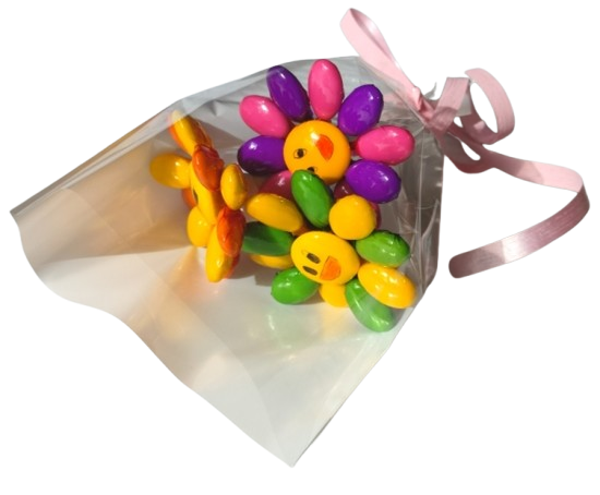 Mini bouquet 3 fleurs smiley 2 couleurs alternées dragées chocolat
