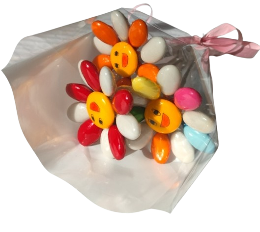 Mini bouquet 3 fleurs smiley 2 blanc couleur et 1 blanc multicolore dragées chocolat