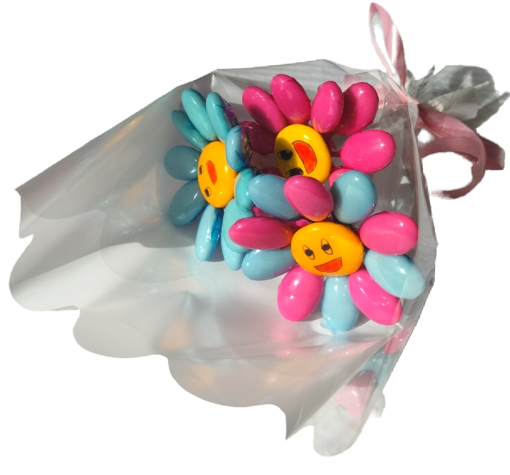 Mini bouquet 3 fleurs smiley 2 couleurs unies et 1 couleurs alternées dragées chocolat