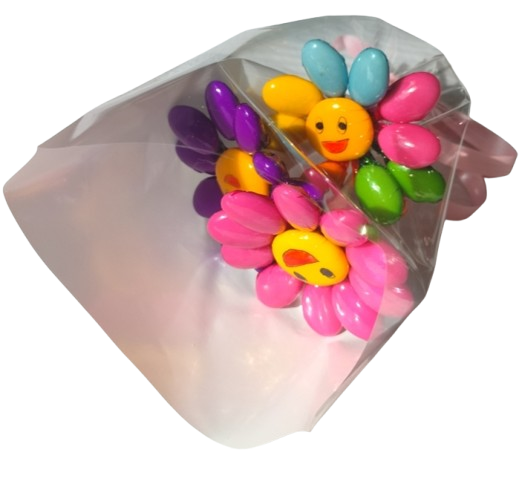 Mini bouquet 3 fleurs smiley 2 couleurs unies et 1 multicolore dragées chocolat