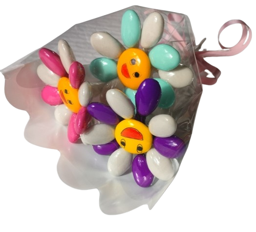 Mini bouquet 3 fleurs smiley blanc couleur dragées chocolat
