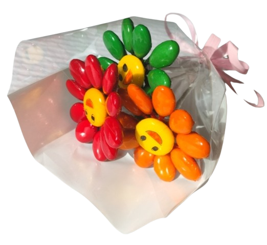 Mini bouquet 3 fleurs smiley couleurs unies dragées chocolat