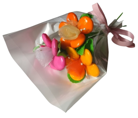 Mini bouquet 3 pâquerettes rose jaune orange dragées chocolat 30g