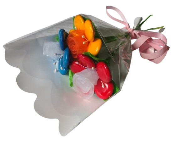 Mini bouquet 3 pâquerettes rouge jaune bleue dragées chocolat 30g