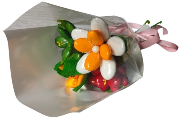 Mini bouquet fleur de Tiaré tulipe pivoine frésia dragées chocolat 89g