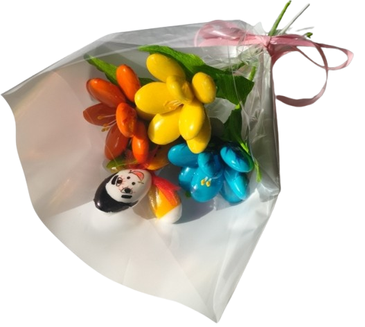 Mini bouquet Guignol et 3 frésias dragées chocolat 64g