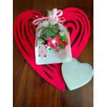 Bouquet Saint Valentin rouge et blanc dragées et chocolats coeur rouge bois