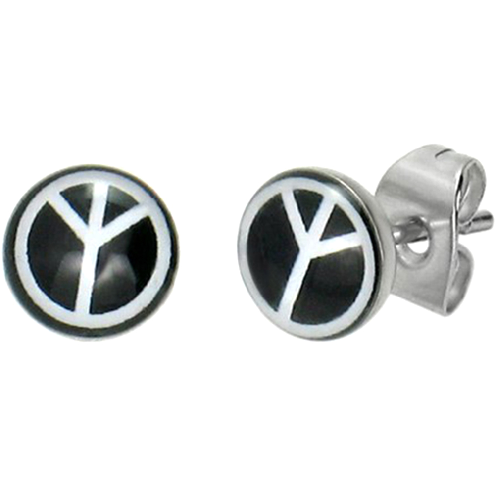 Boucles d'Oreille Clous Acier Inoxydable peace and love Noir et Blanc 1