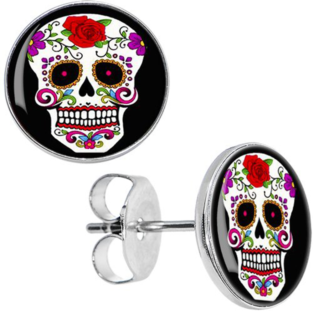 Boucles d'Oreille Clous Calaveras Mexicaine Fleur Rose Rouge Tête de Mort skull crane fête 1