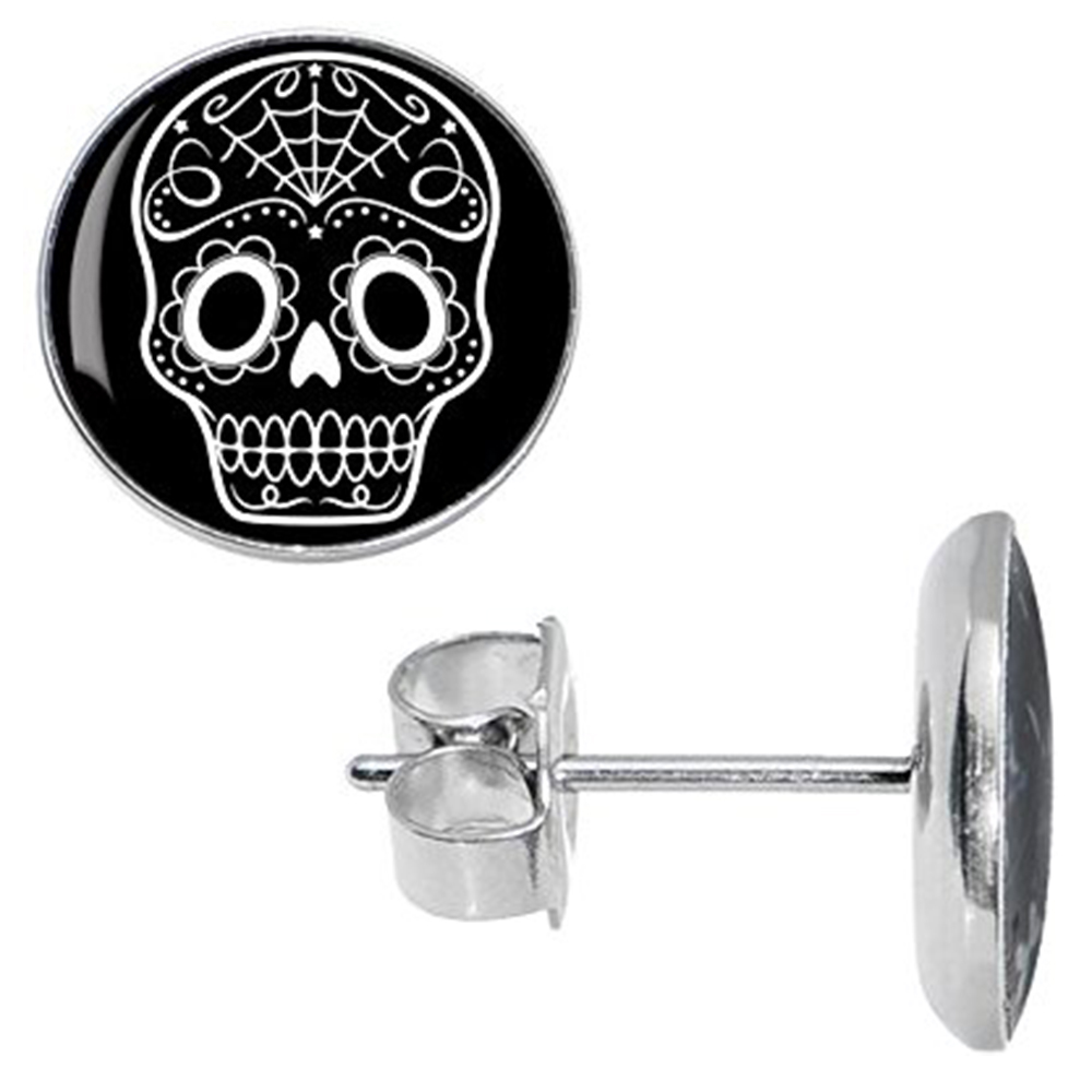 Boucles doreille clous acier inoxydable tête de mort mexicaine blanche 2