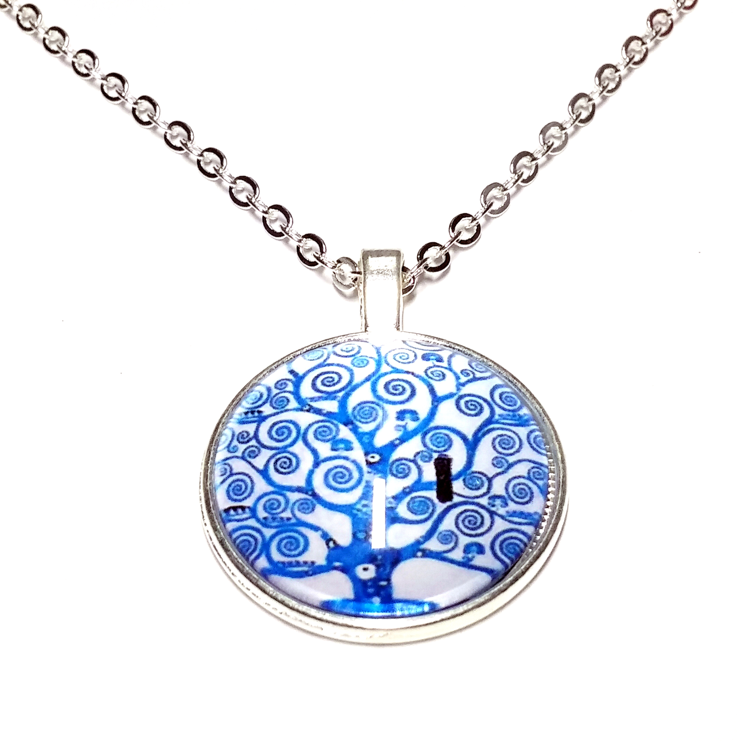 Collier pendentif métal arbre de vie bleu braches spirales