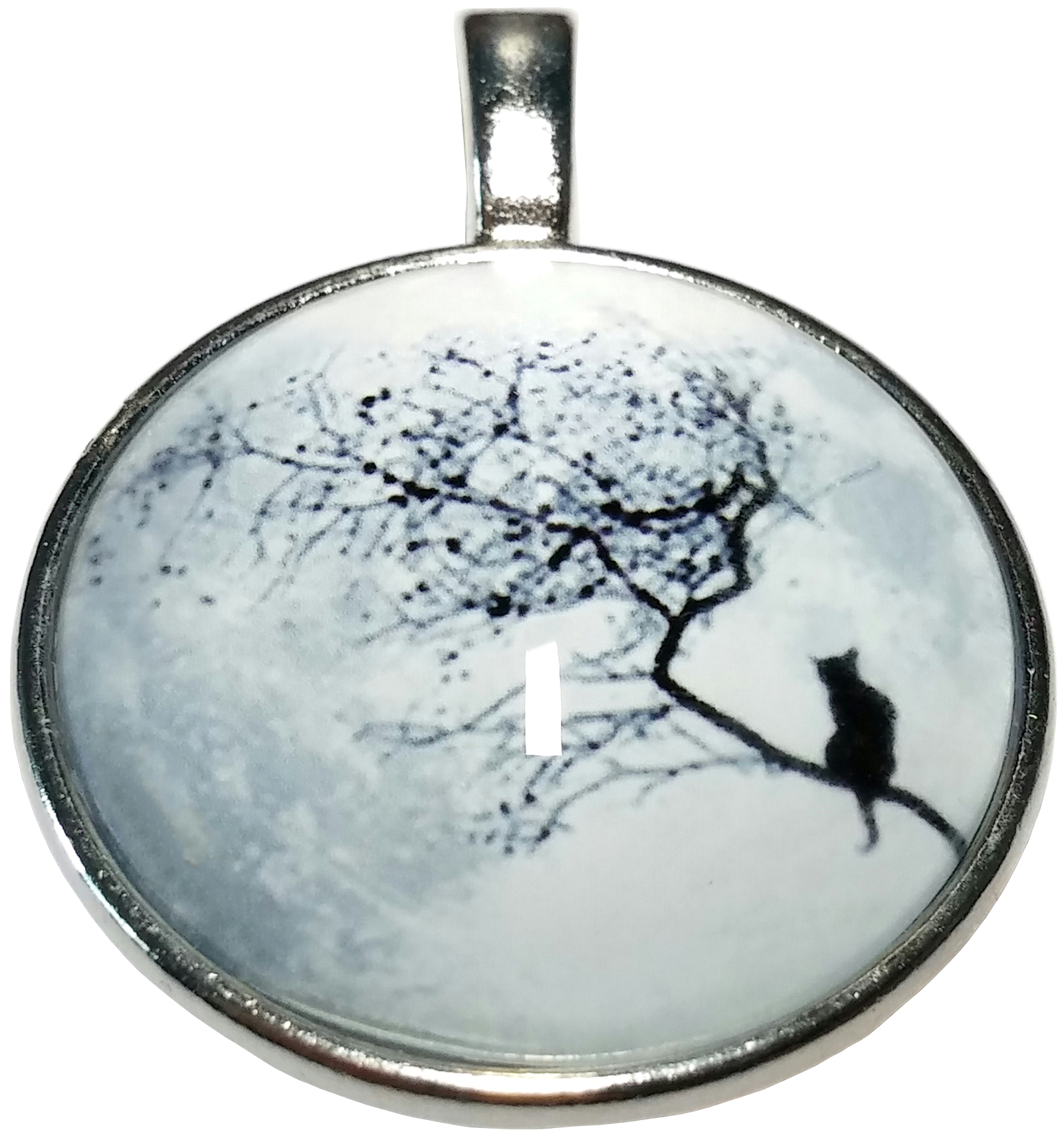 Collier pendentif métal lune chat dans un arbre
