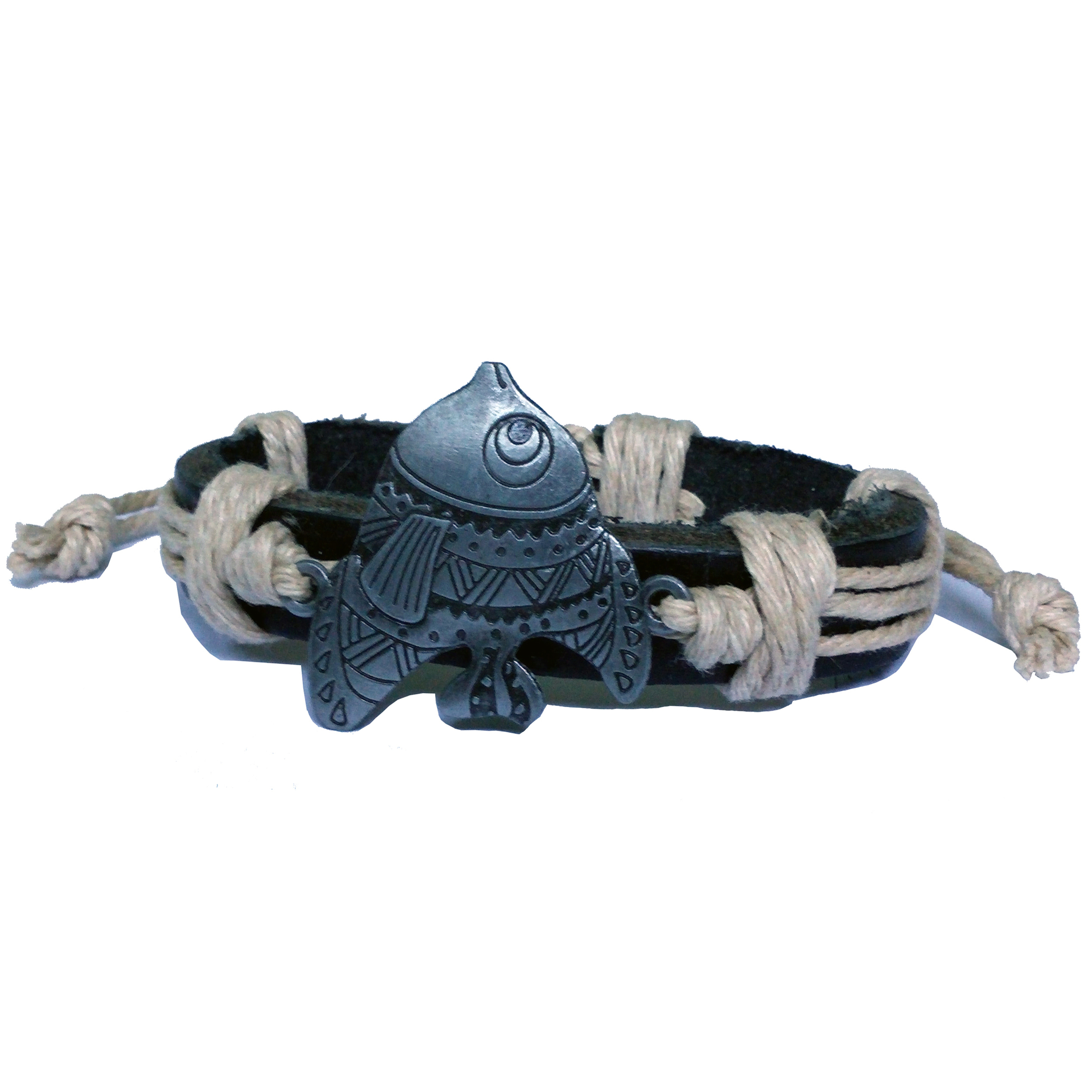 Bracelet cuir noir poisson en métal 2