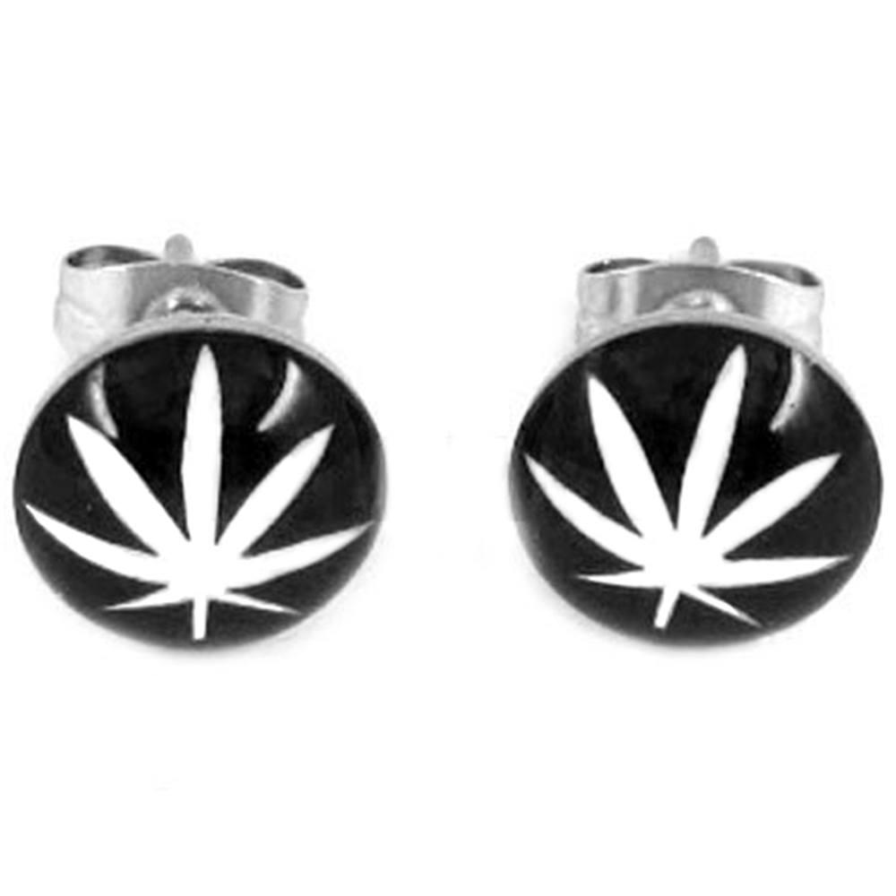 Boucles d'oreille clous acier inoxydable noir feuille de cannabis Blanc