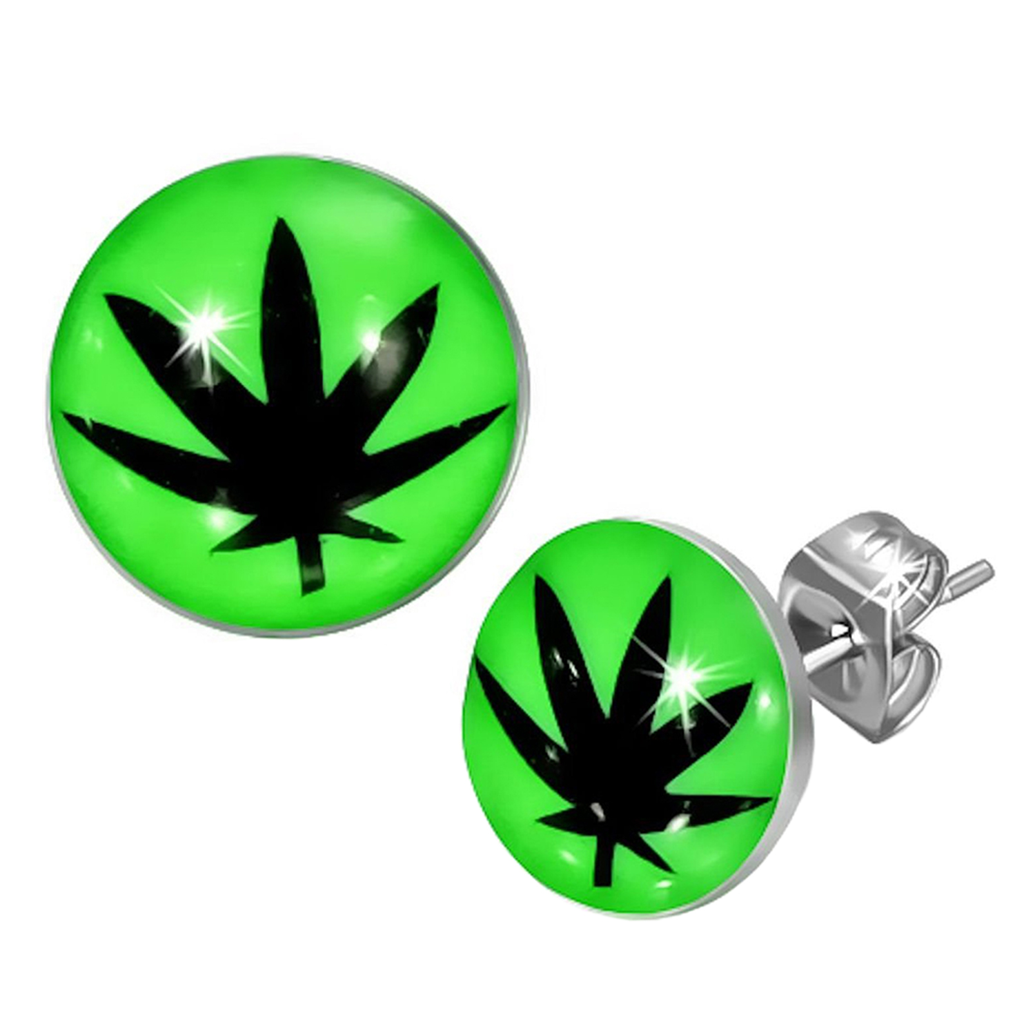 Clous d\'Oreille Vert Fluo Feuille de Cannabis Acier Inoxydable